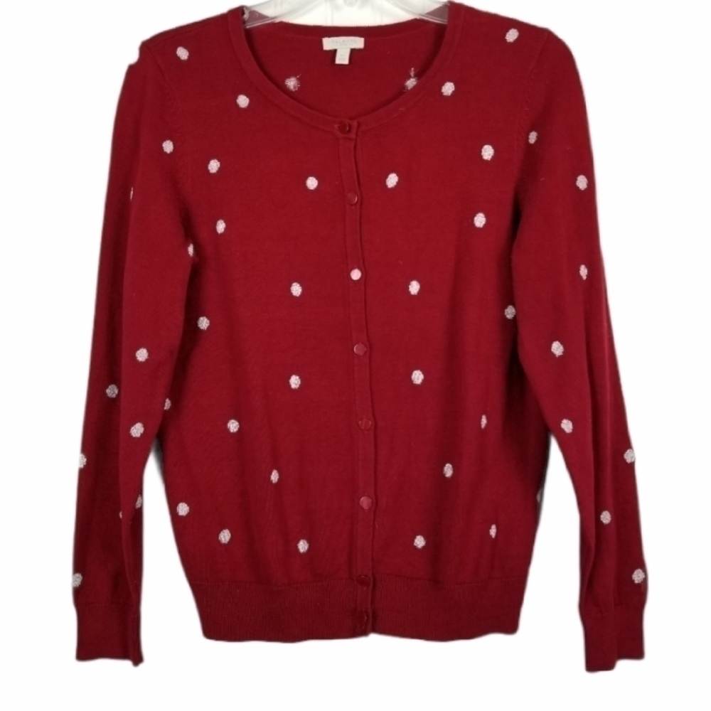 Talbots Cardigan Sweater Thin Knit Red Silver Metallic Polka Dots Holiday Petite